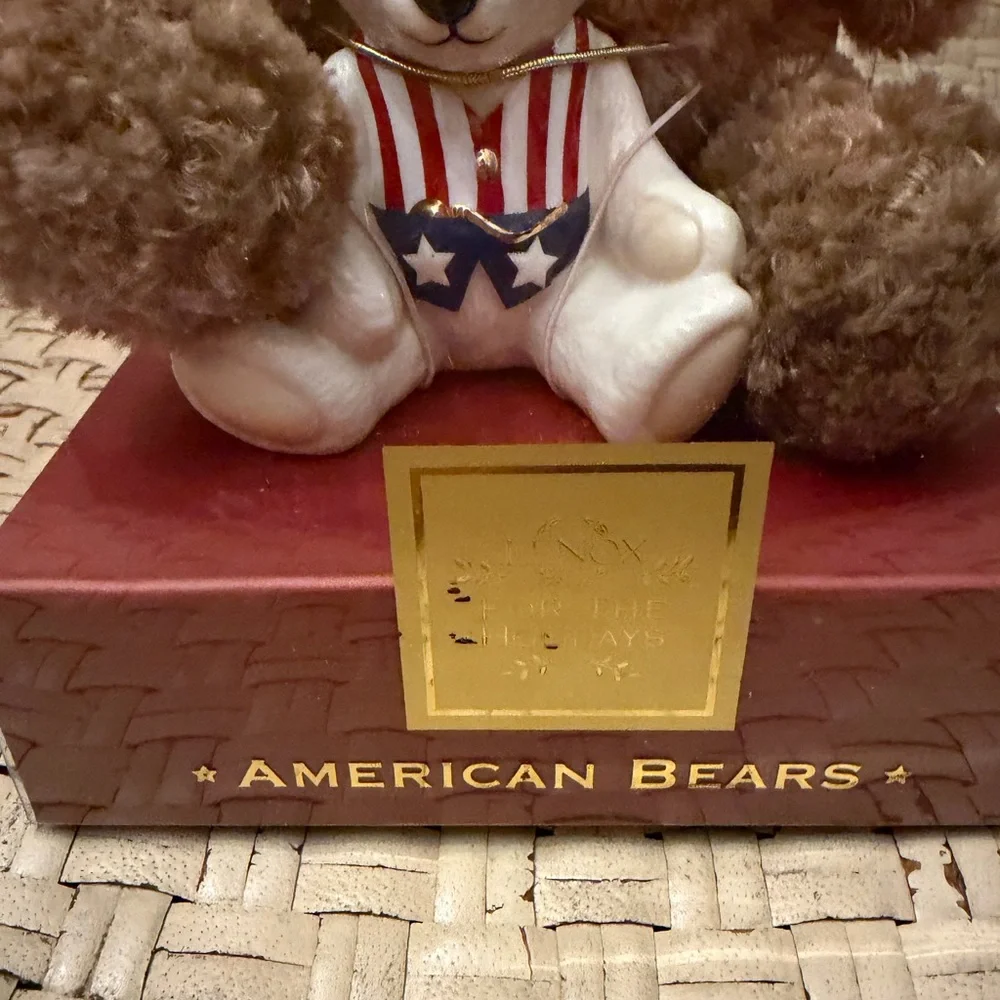 Lenox 100th Anniversary Brown and White Teddy Bear Set with Red Bow NIB